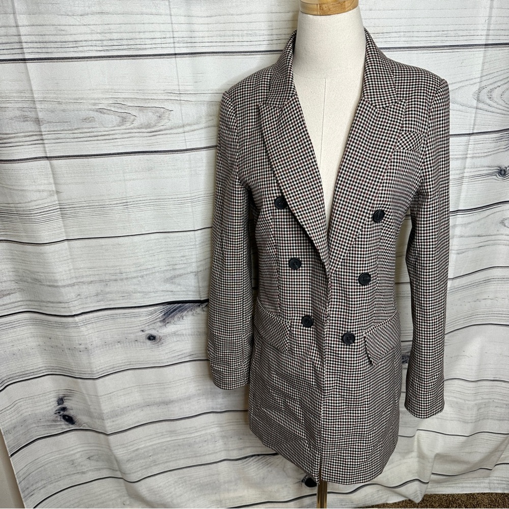 Long Brown Houndstooth Pattern Blazer, Front Hook… - image 1